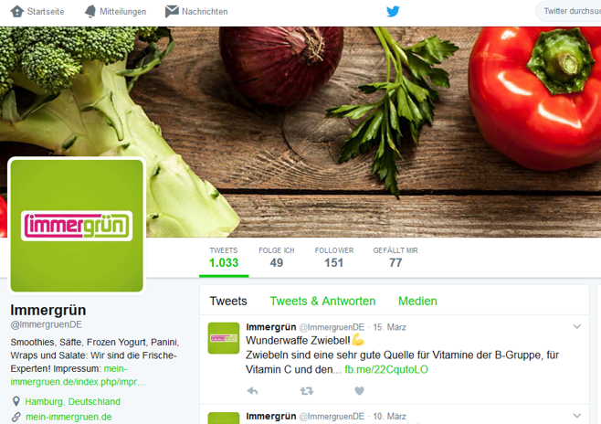 Der grüne und frische Twitter-Unternehmensauftritt des Immergrün-Lokals aus Hamburg.