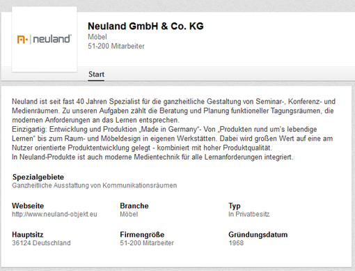 Das LinkedIn-Profil der Neuland GmbH & Co.KG