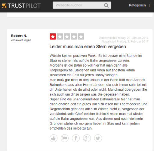 Ein negatives Feedback für die Deutsche Bahn auf Trustpilot.