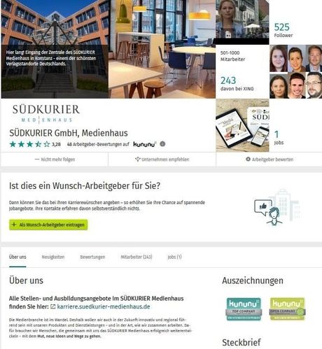 Das XING-Employer-Branding-Profil des SÜDKURIER Medienhauses.