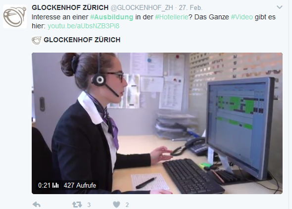 Der Glockenhof Zürich nutzt Twitter, um für eine Ausbildung in der Hotellerie zu werben.