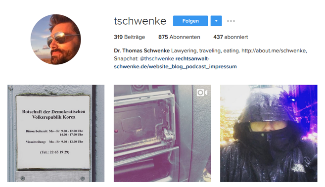 So präsentiert sich Rechtsanwalt Schwenke rechtssicher auf Instagram.