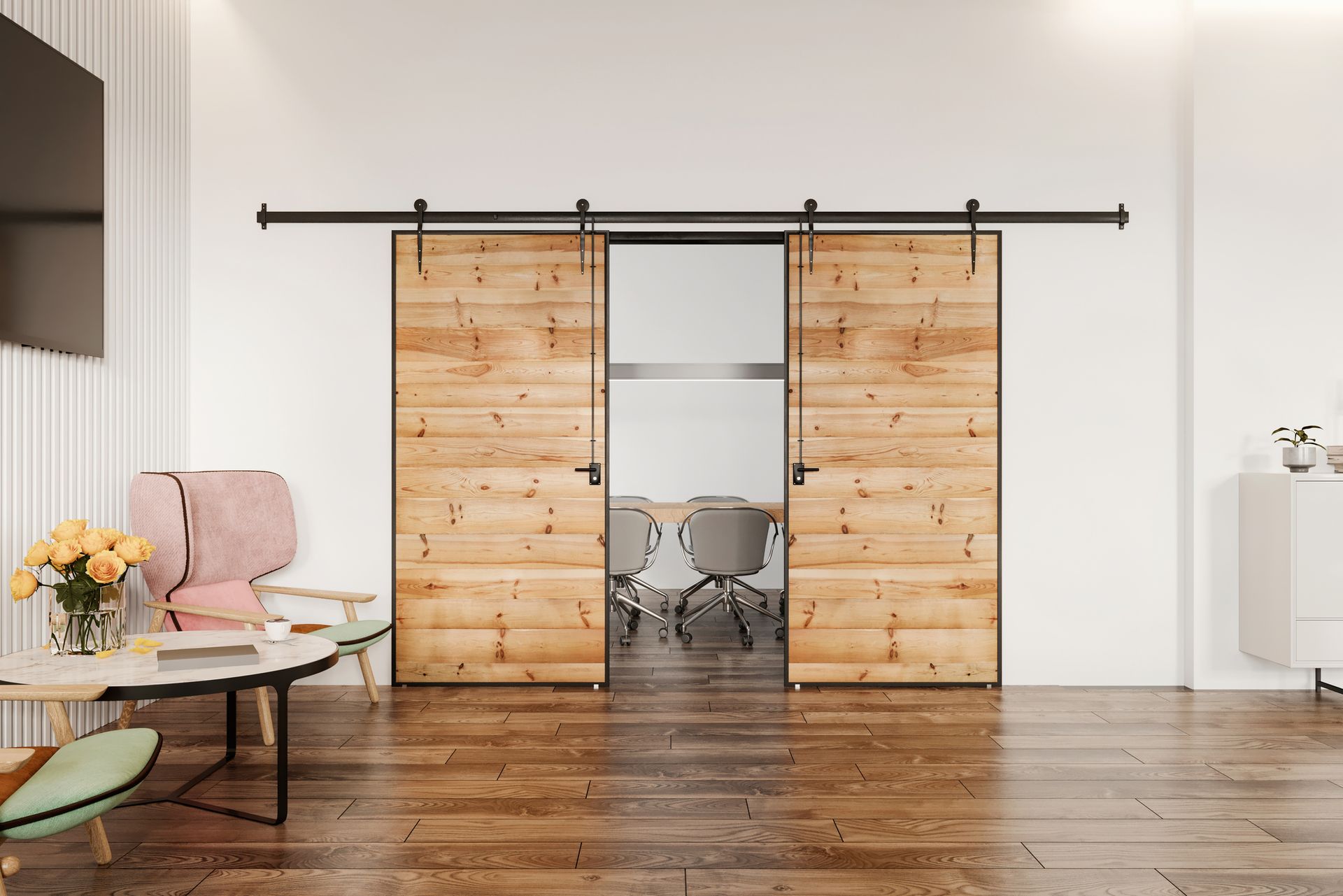 A window with a view of a house and trees is open.