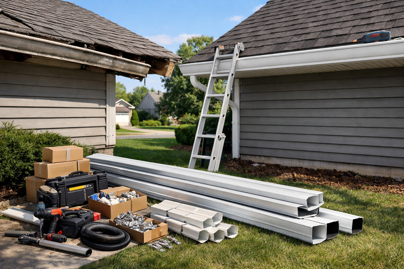 Gutter replacement supplies with ladder on grass beside a house.