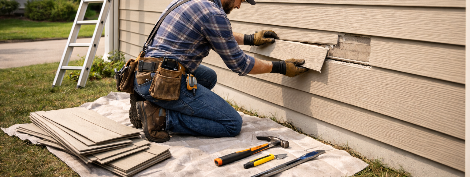 Person repairing siding on a house. He kneels on the grass with tools and new siding.