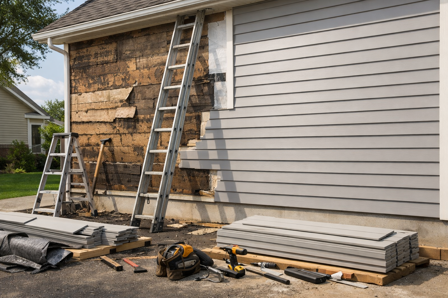 House exterior under renovation; wood siding being replaced with gray siding, ladders and tools present.