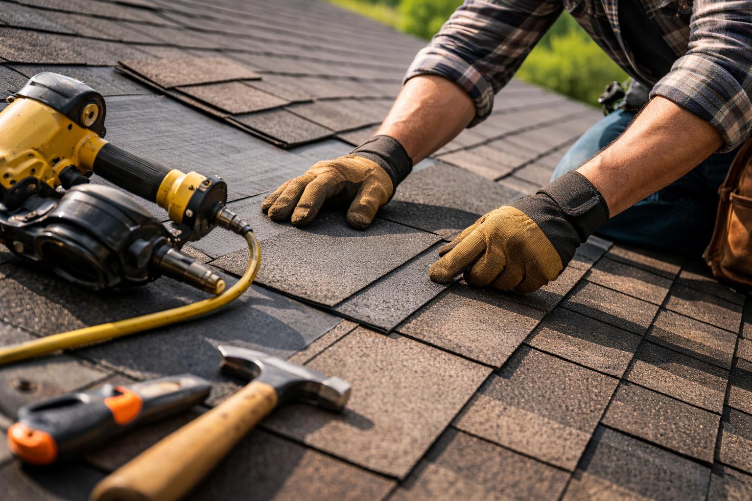 Roofer installing asphalt shingles on a roof. A nail gun, hammer, and gloves are visible.