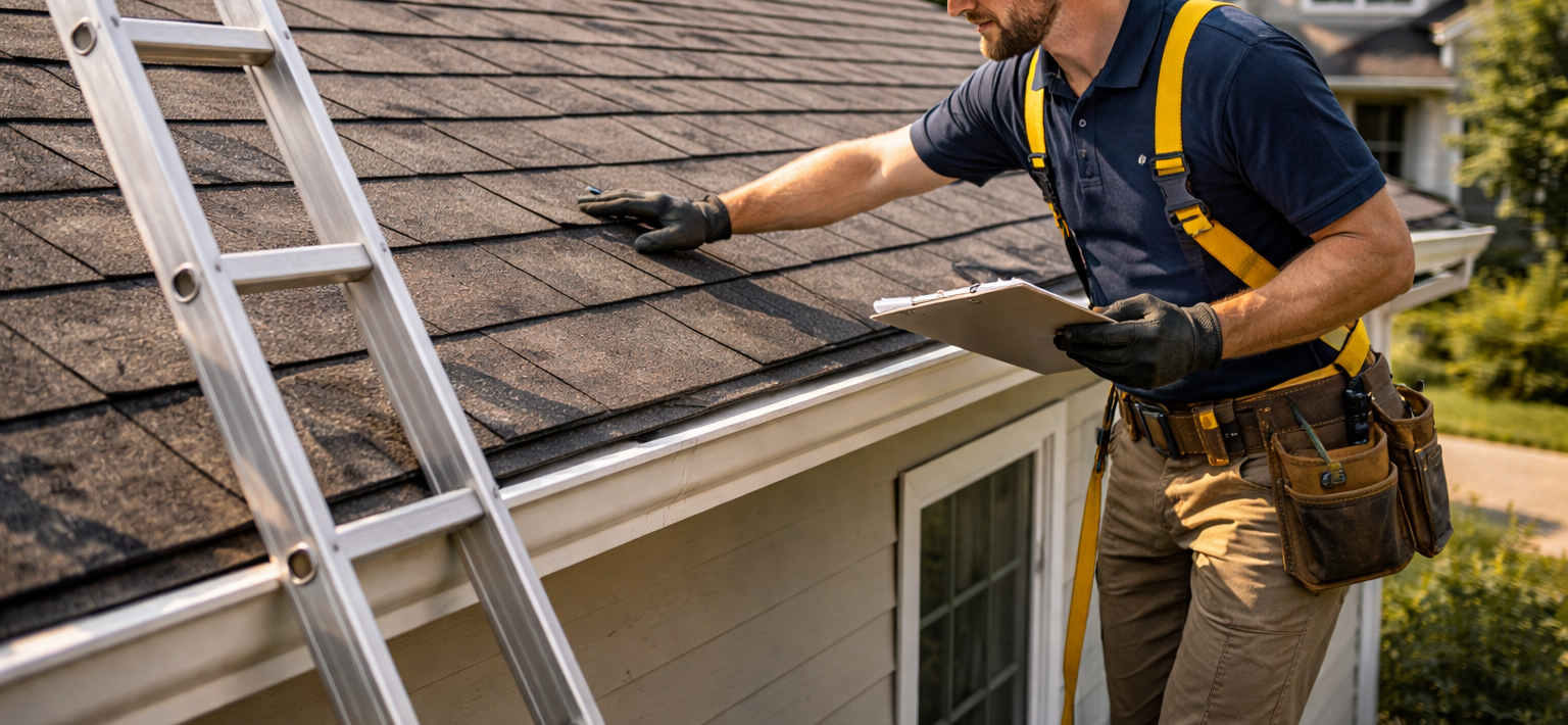 A roofer, wearing a safety harness, inspecting a roof's shingles while holding a clipboard near a ladder.