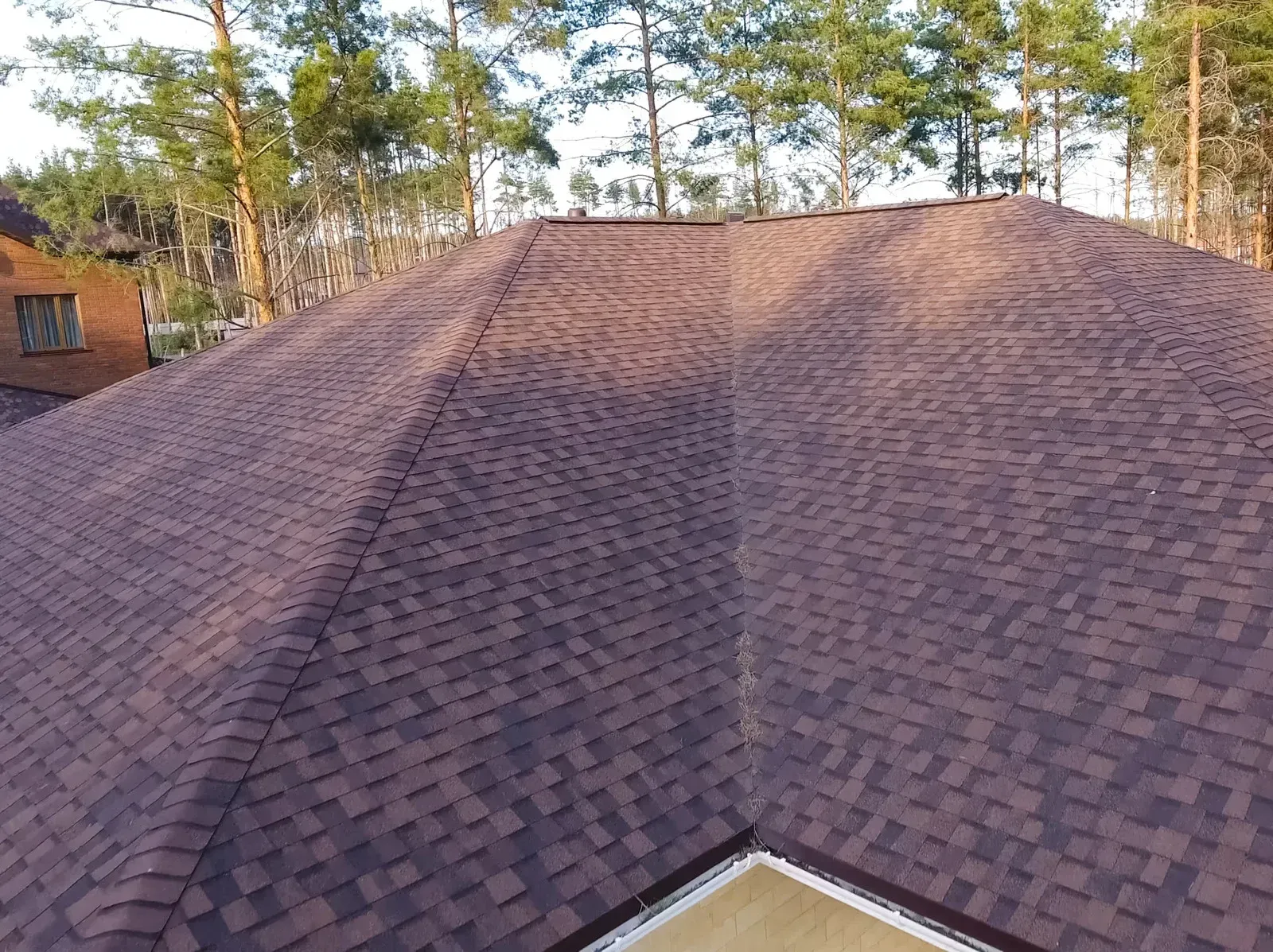 Brown shingle roof with various angles, trees in the background, a sunny day.