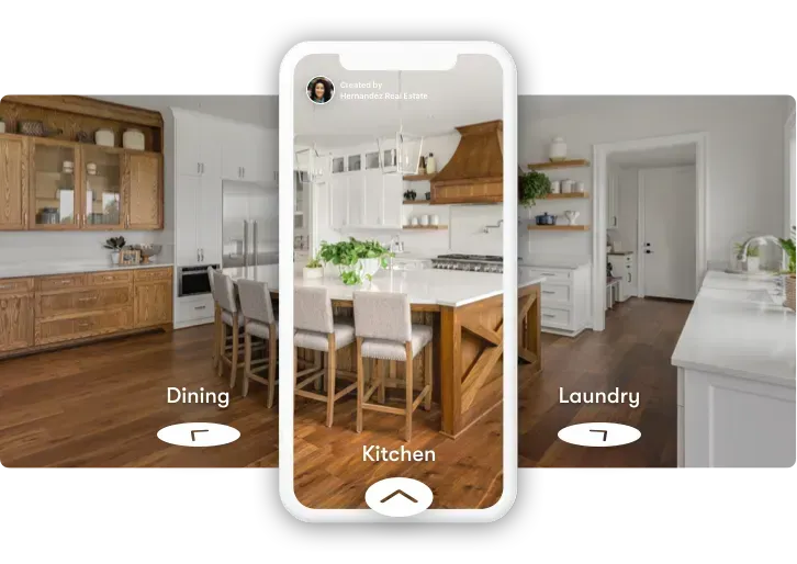 A phone with a picture of a kitchen , dining room and laundry on it.