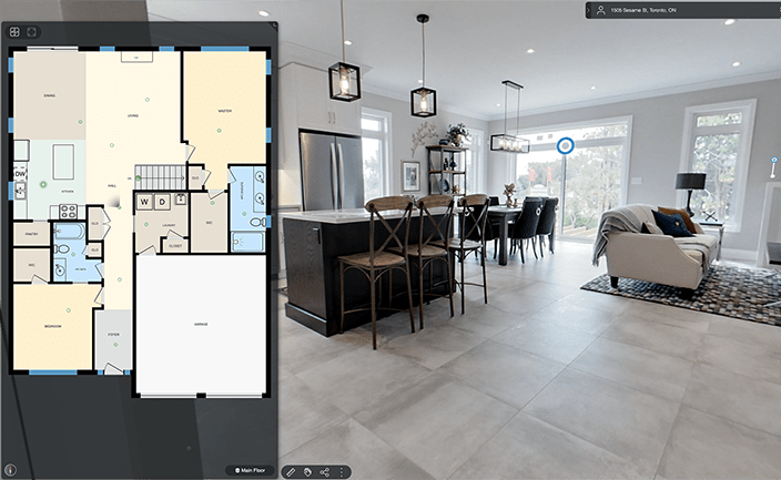 A floor plan of a house next to a living room and kitchen.