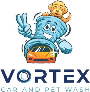 Cartoon tornado giving peace sign, washing orange car; dog on top. Text 