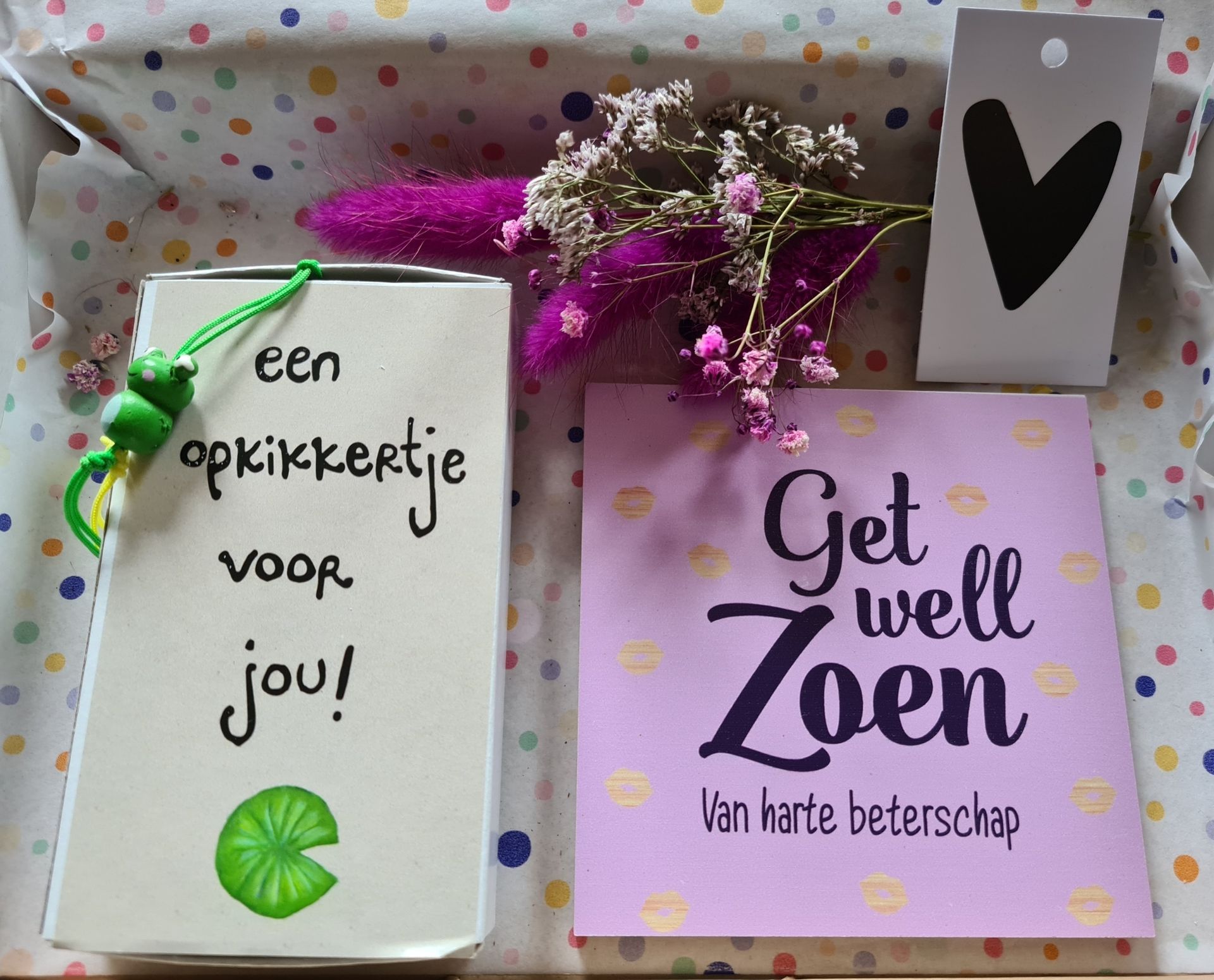 Get well gift box with a card for Zoen and a message: 
