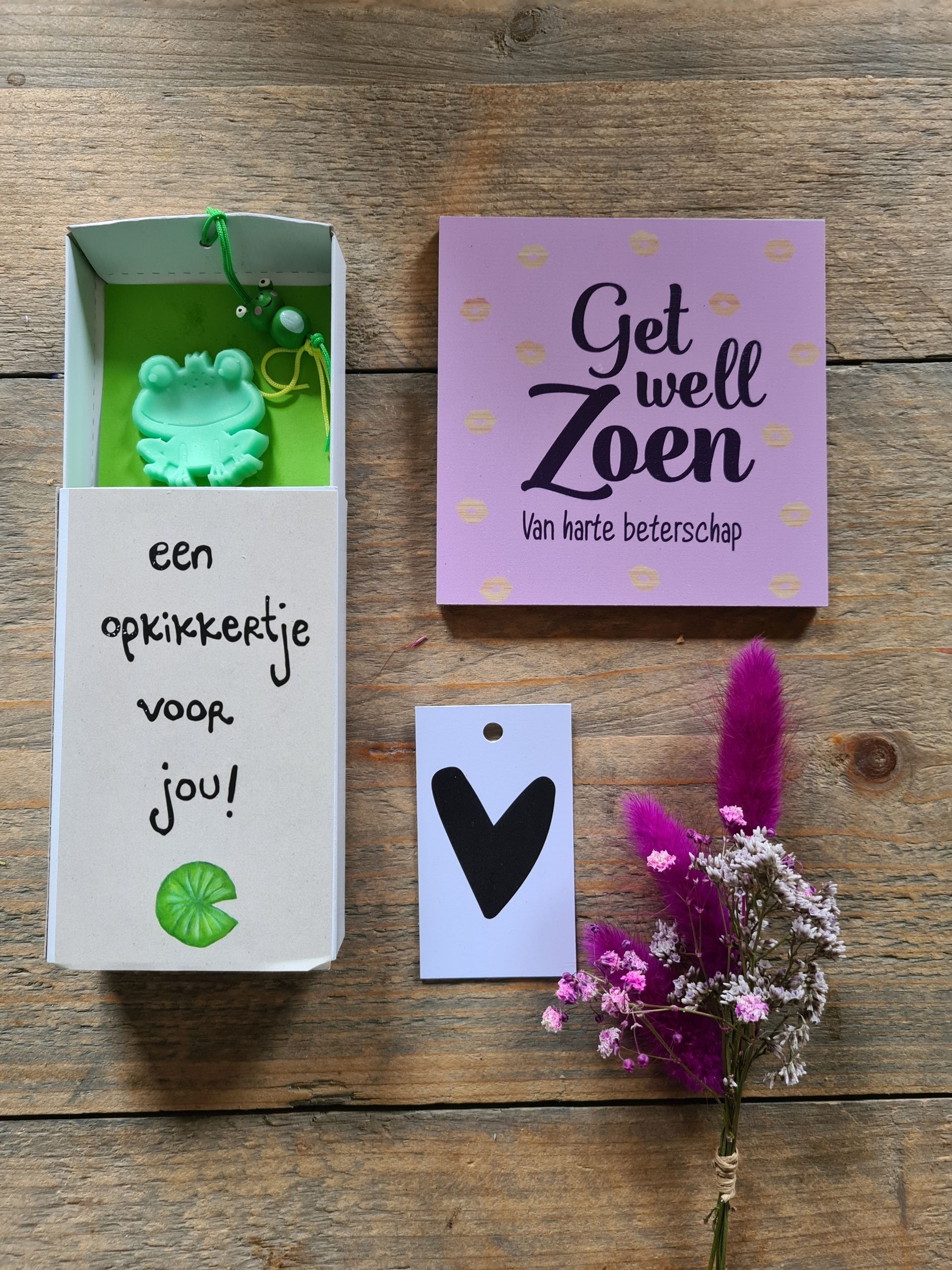 Get well gift box with a card for Zoen and a message: 
