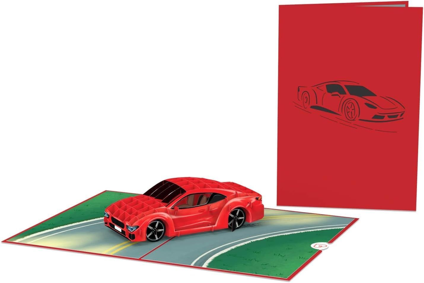 Rode pop-upkaart met een rode sportwagen op een weg, een rode kaart met een autosilhouet.