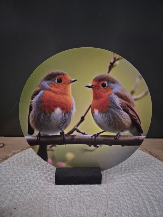 Twee roodborstjes met oranje borstjes zitten op een tak, in een rond frame.