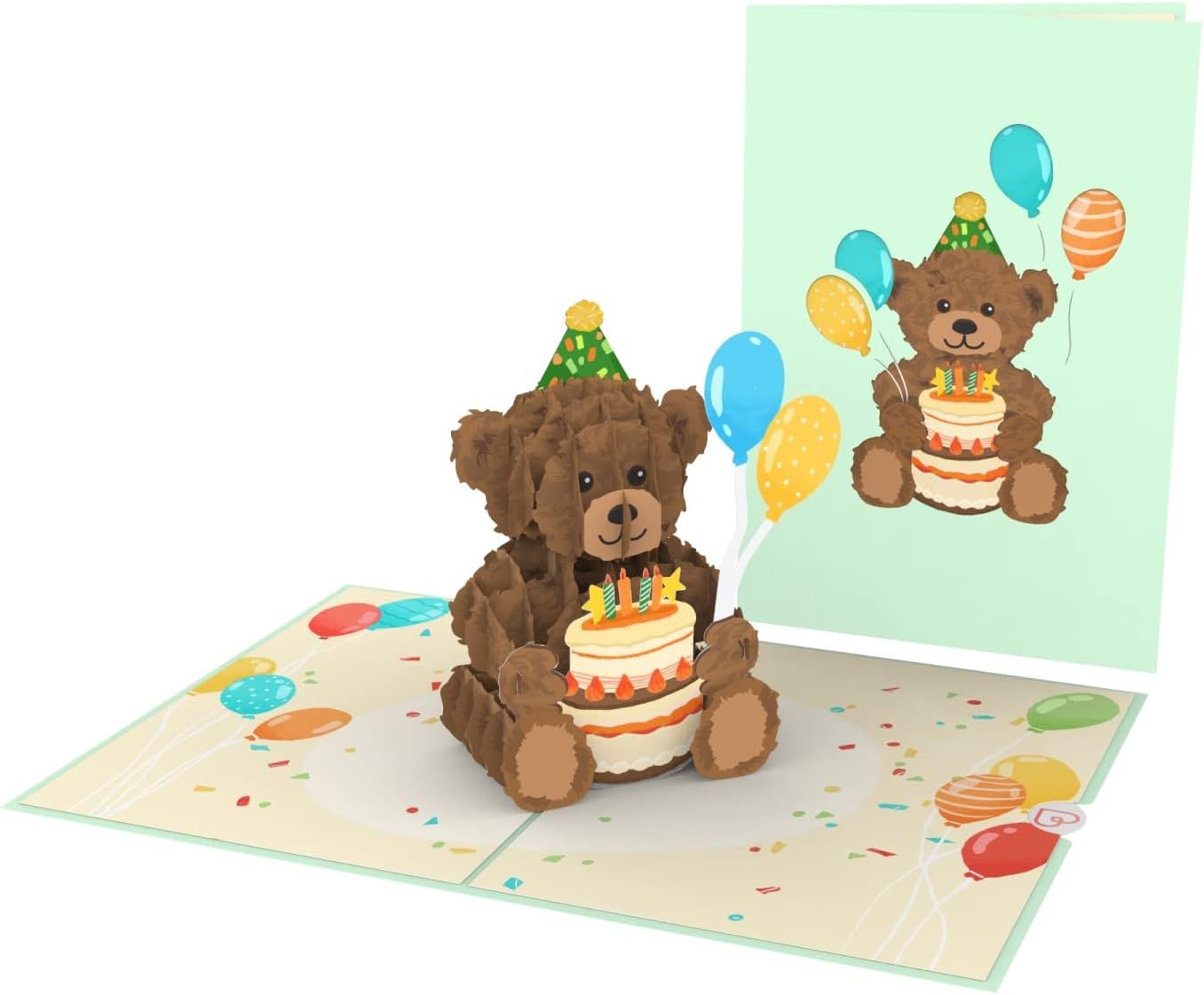 Een uitklapbare verjaardagskaart met een bruine beer die een taart, ballonnen en confetti vasthoudt.