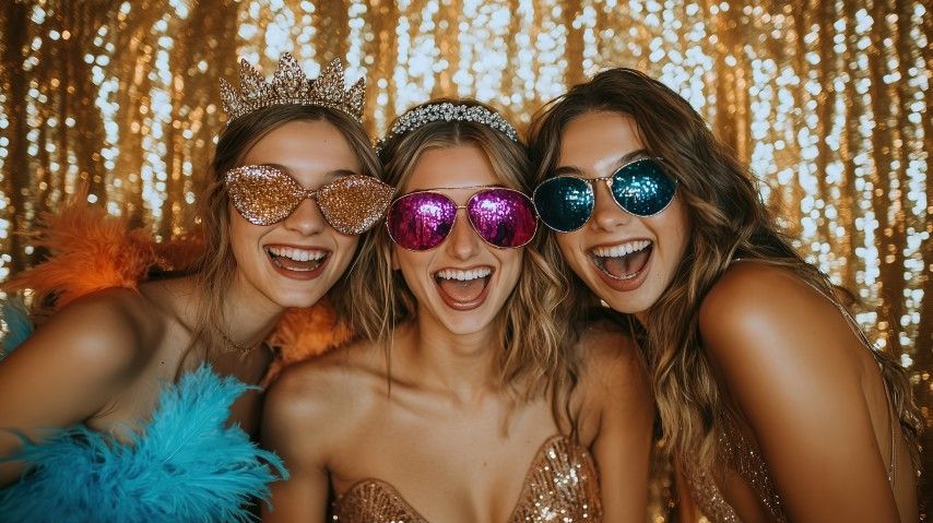 Three friends wearing glittery sunglasses smile at a festive gold-lit party backdrop.