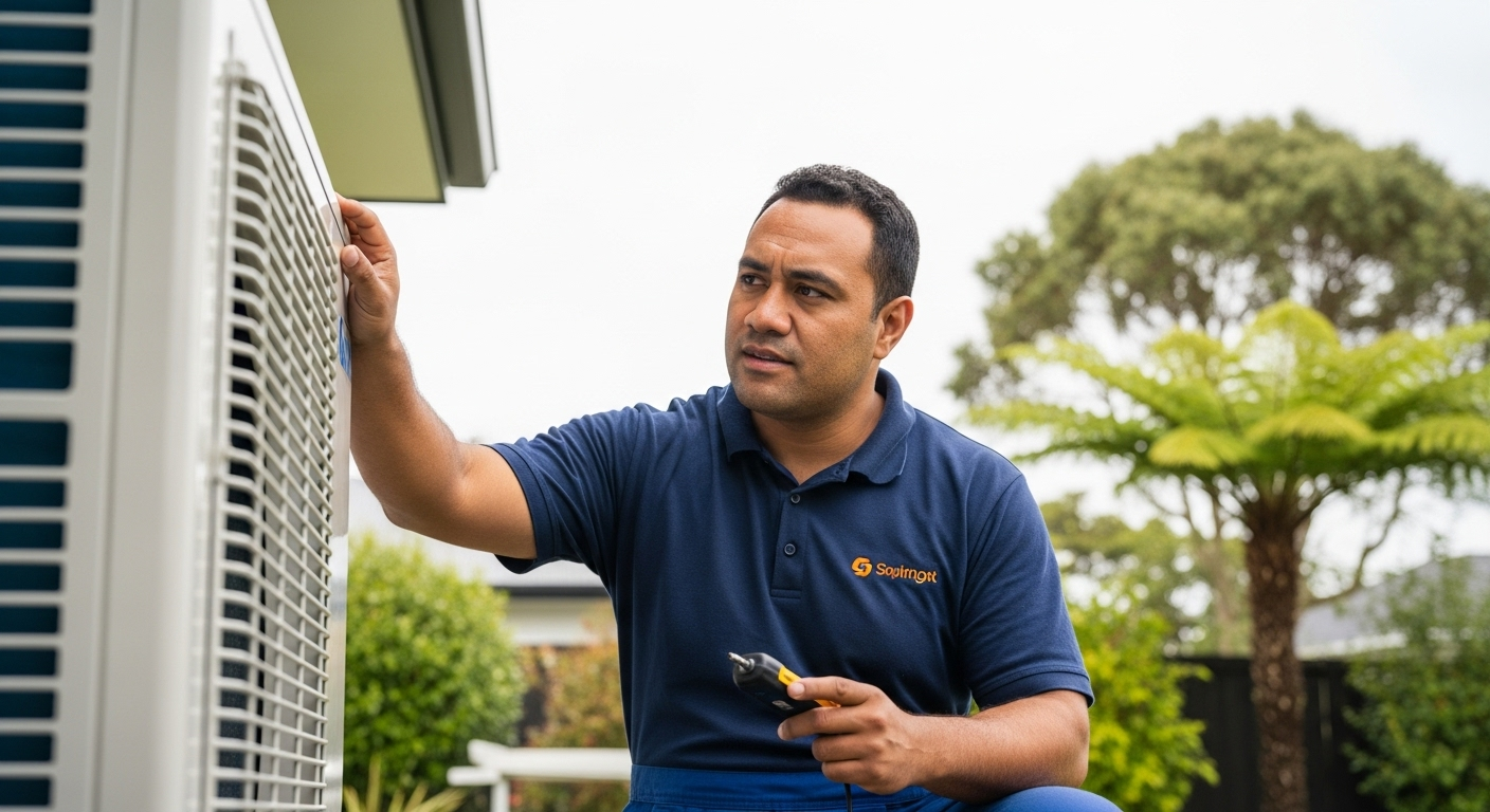 Māori man expertly performing heat pump repairs Auckland.