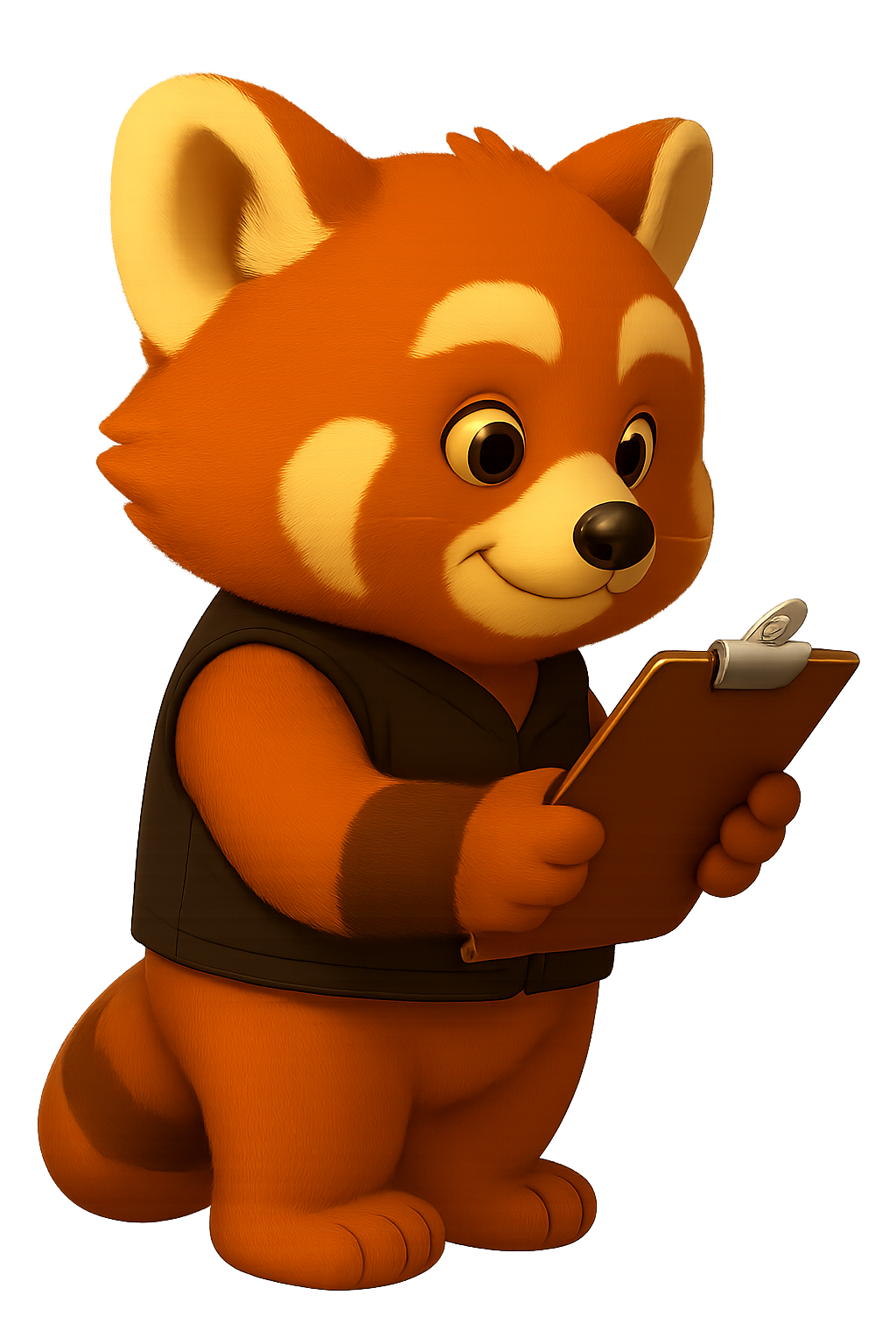 Red panda in a black vest holding a clipboard, smiling.
