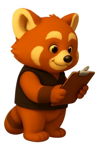 Red panda in a black vest holding a clipboard, smiling.