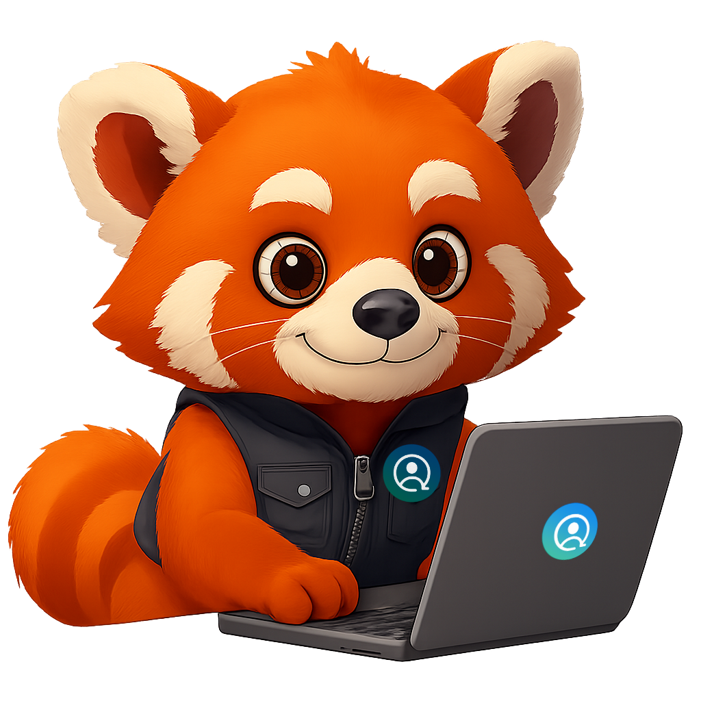 Red panda wearing a black vest, working on a laptop.
