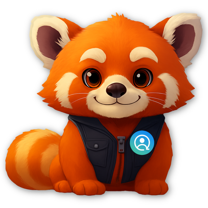 Smiling orange red panda wearing a dark blue vest with a circular logo on it.