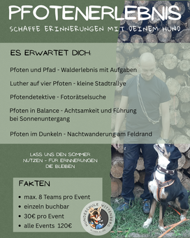 Angebot zum Pfotenerlebnis - Mann mit Hund vor einem Holzstapel