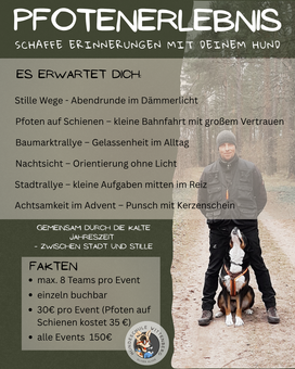 Flyer für eine Hundeveranstaltung. Mann mit Hund vor Waldhintergrund. Veranstaltungsdetails und Preise aufgeführt.