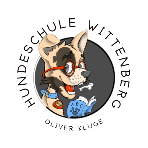 Das Logo der Hundeschule Wittenberg zeigt einen Hund, der eine Brille trägt und mit einem Buch lernt.