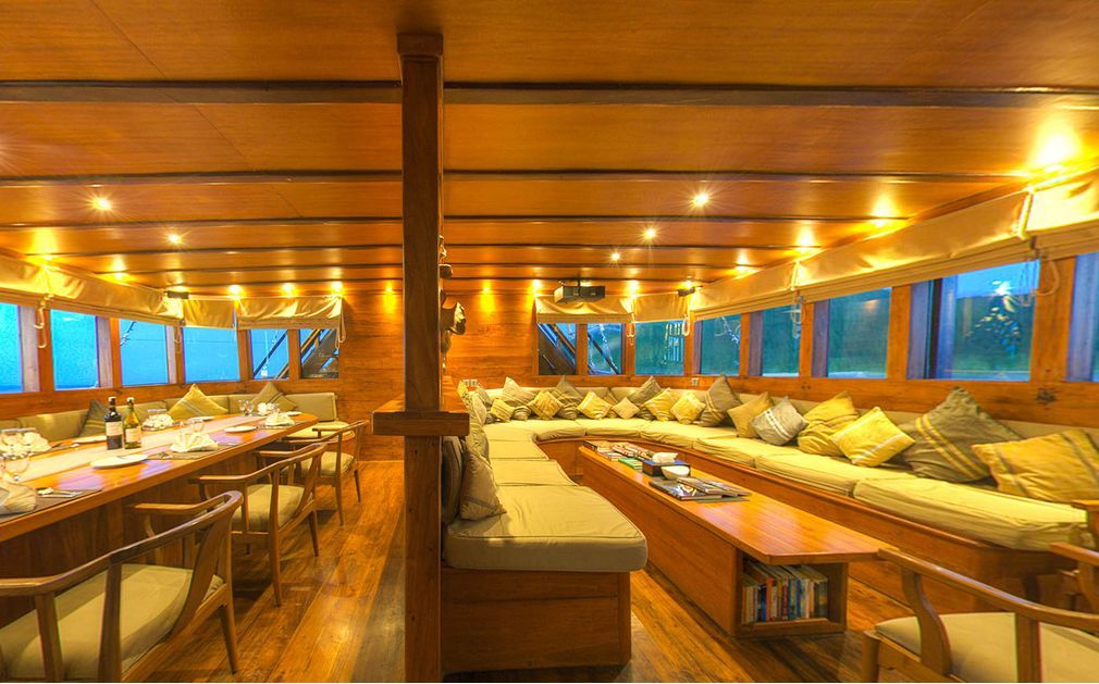 Wooden interior of a boat with seating, tables, and windows. Warm lighting.