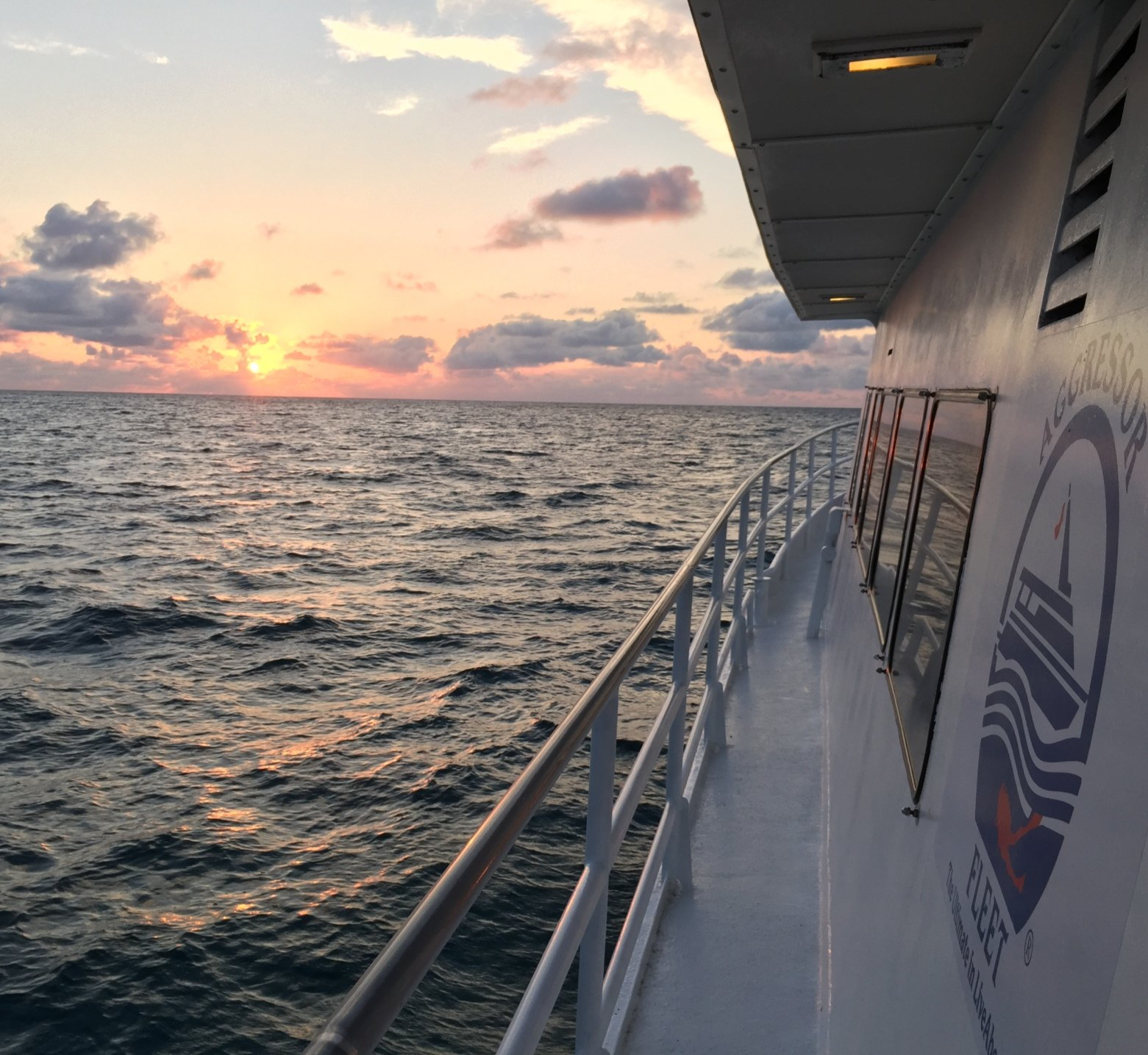 Sunset over ocean, viewed from the side of a boat with a white railing.