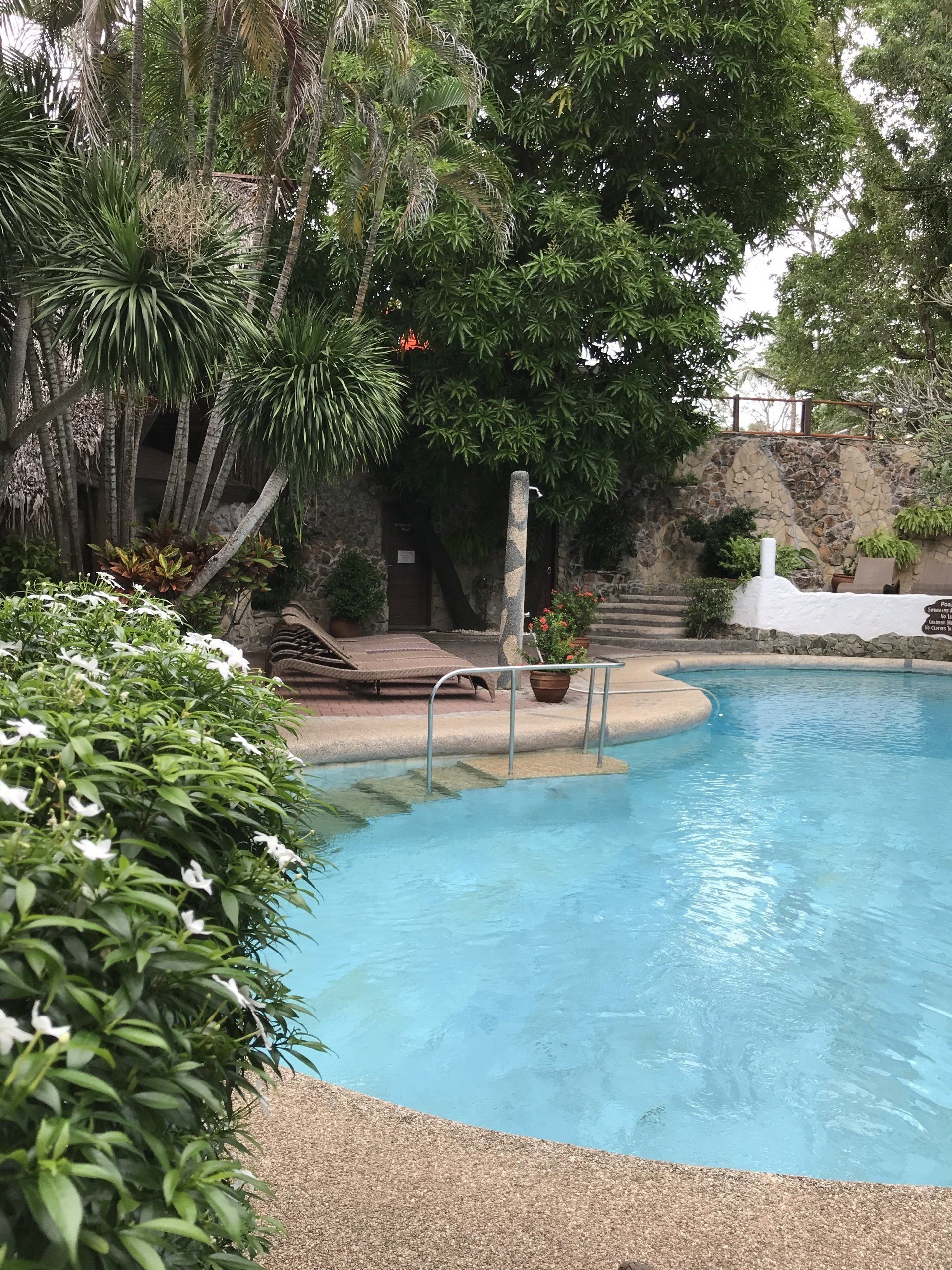 Pool with turquoise water surrounded by lush greenery and a stone patio.