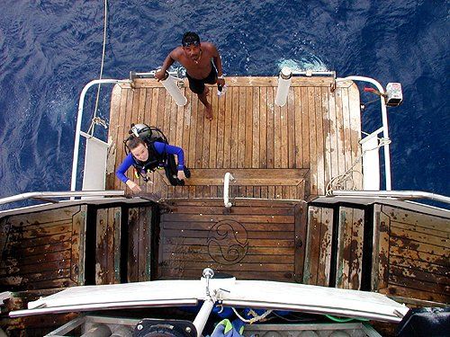 Two people on a boat preparing to dive: one in scuba gear, one shirtless, looking down. Blue water surrounds.