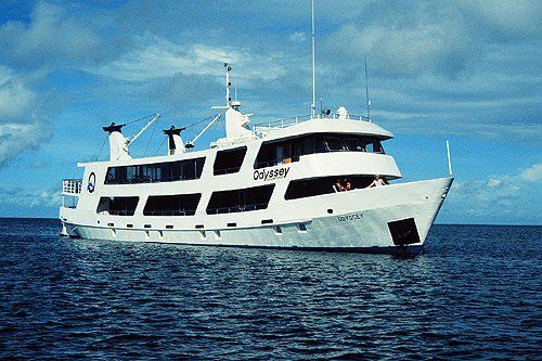 White cruise ship on the ocean under a cloudy blue sky.