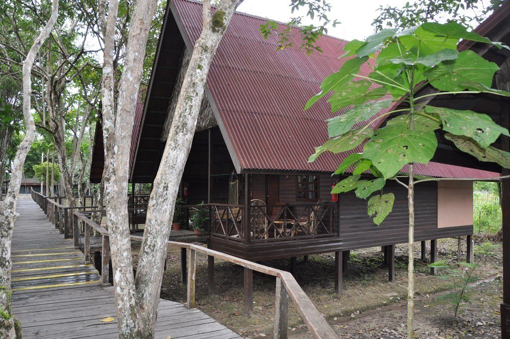 Wooden cabins with red roofs and a walkway through a tree-lined area.