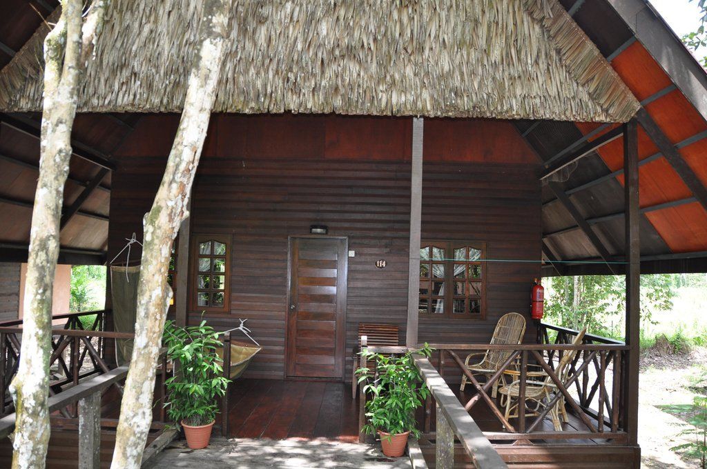 Wooden cabin with porch and thatched roof.