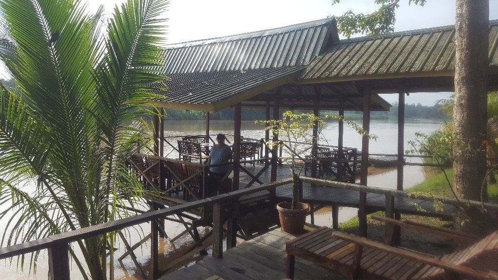 Wooden gazebo with tables over water, palm tree in foreground.
