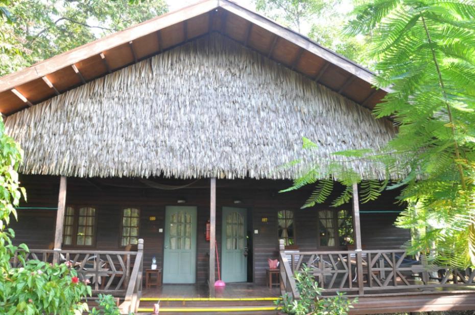 Wooden cabin with thatched roof, porch, and two doorways, surrounded by green foliage.