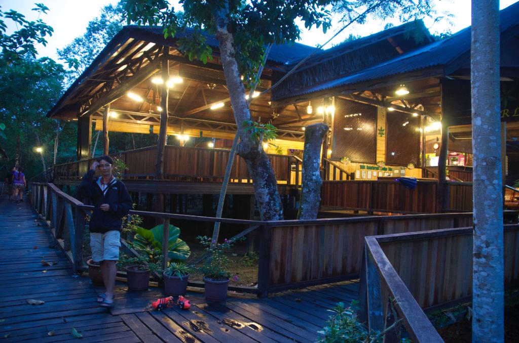 Wooden restaurant on stilts, boardwalk, man walking, trees, evening lights.