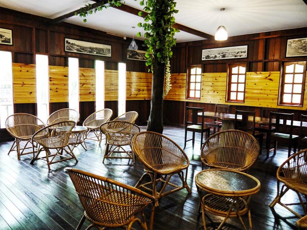 Wooden-walled interior with woven chairs, round tables, and a tree trunk centerpiece. Sunlight streams in from windows.