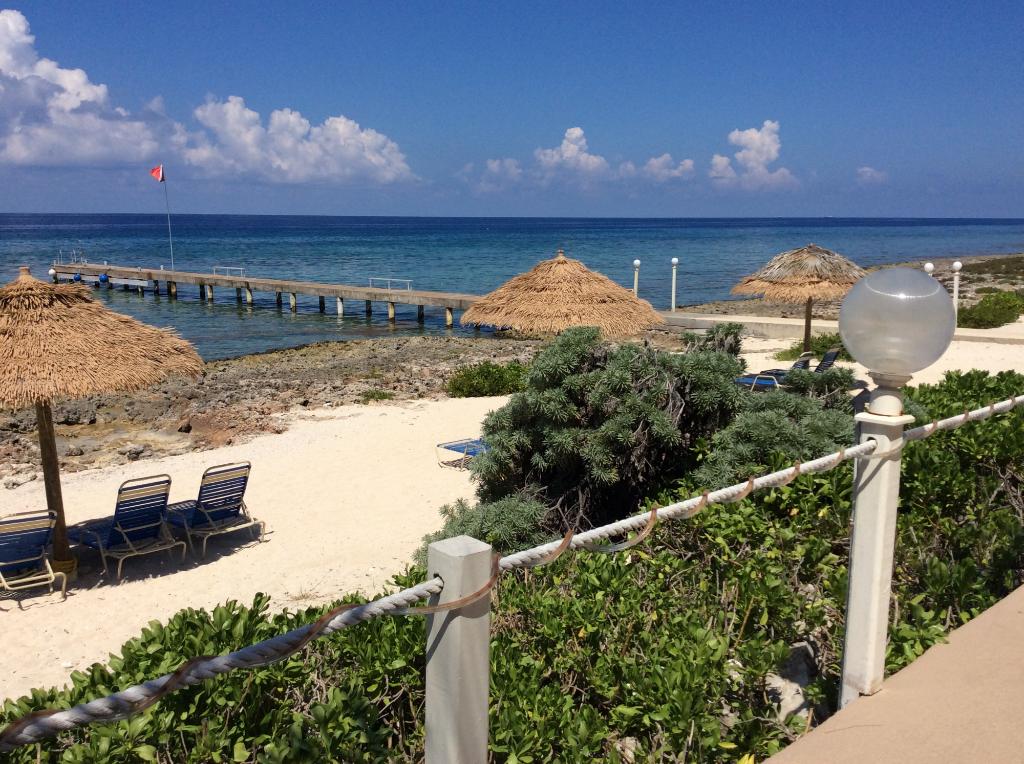 Beach scene with thatched umbrellas, dock, clear blue water, and cloudless sky.