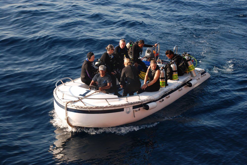 Divers in a white boat on blue water. Some divers wear black wetsuits and scuba gear, while others sit.