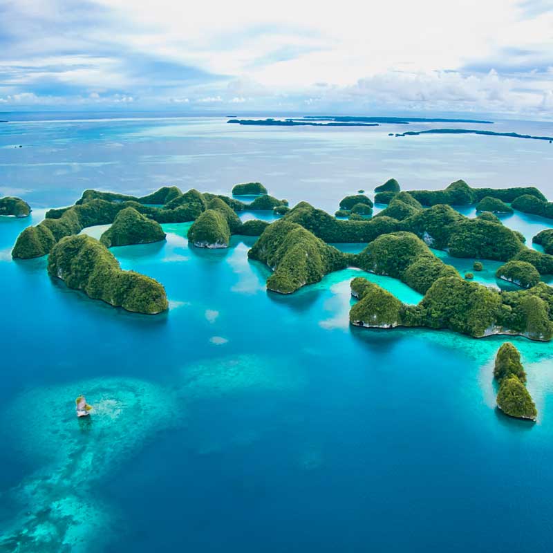 Aerial view of Palau's Rock Islands, lush green islands surrounded by turquoise and deep blue water.