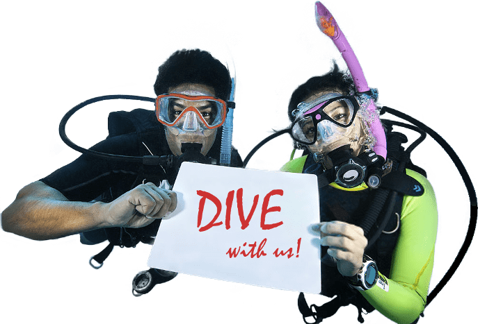 Two scuba divers holding a sign that says