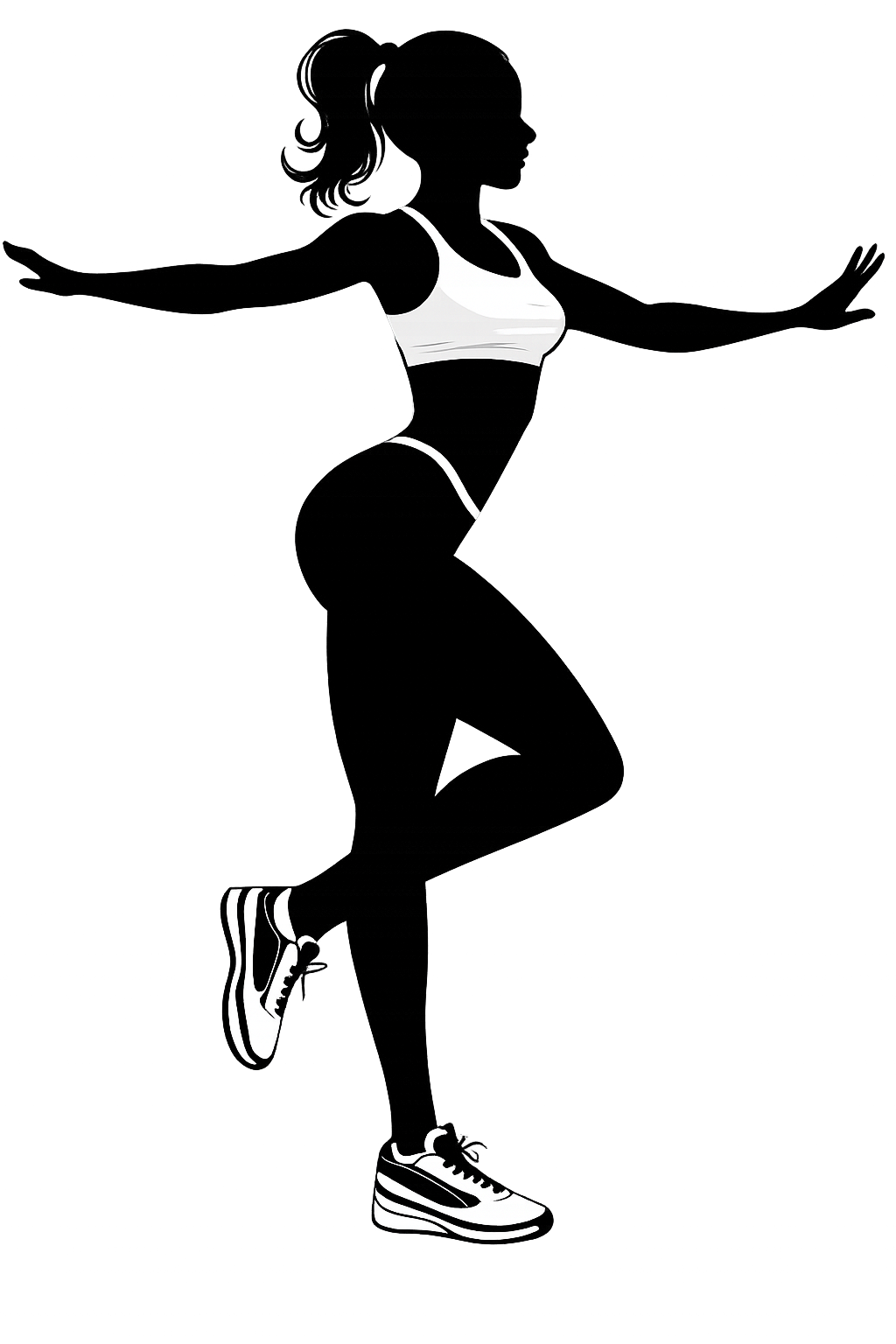 Silueta de una mujer con ropa deportiva, en equilibrio, con los brazos extendidos y una pierna levantada, con zapatillas.