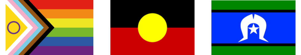 The Progress Pride flag, the Aboriginal flag, and the Torres Strait Islander flag displayed side by side.