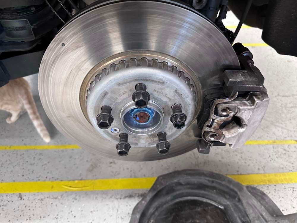 A close up of a brake disc on a car with a cat in the background.
