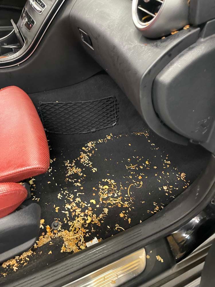 A dirty car with a red seat and a lot of crumbs on the floor.