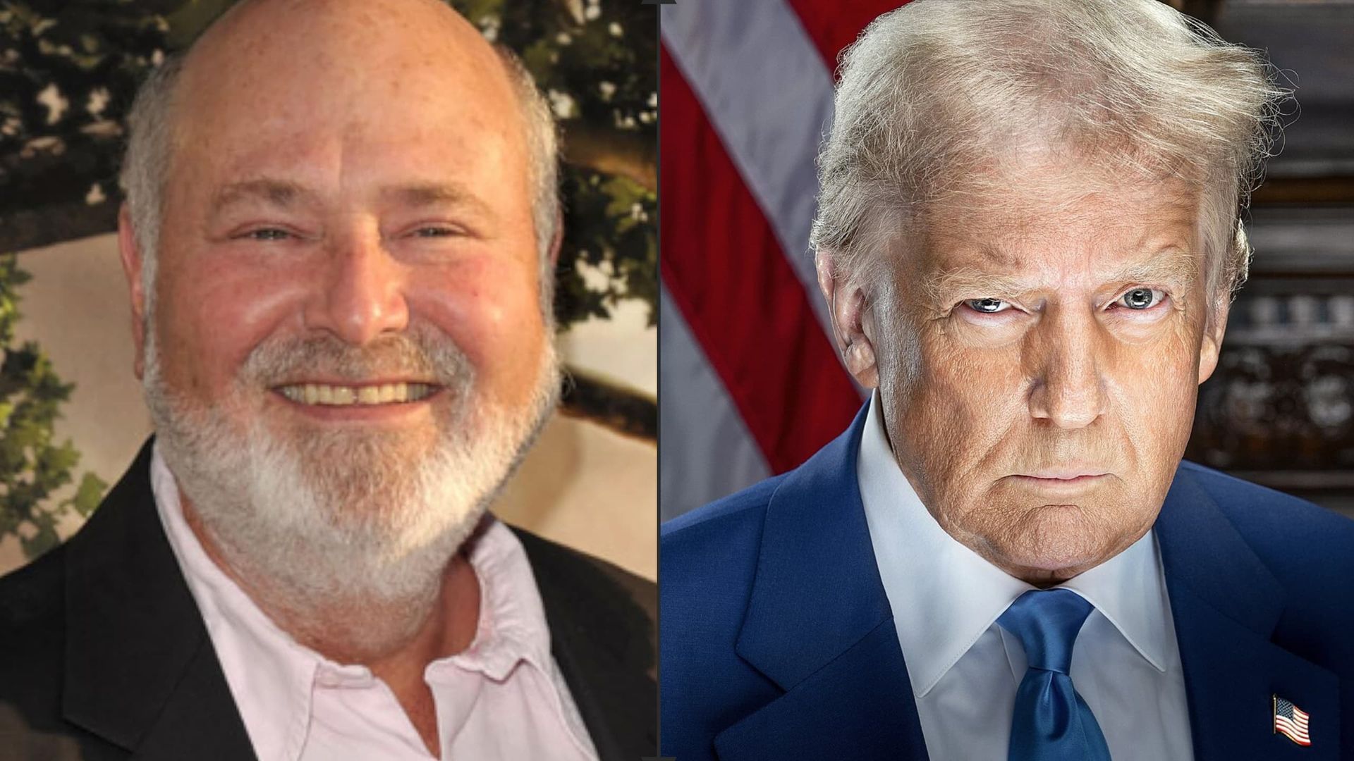 Two side-by-side headshots: Rob Reiner and Donald Trump with US flag in the background.